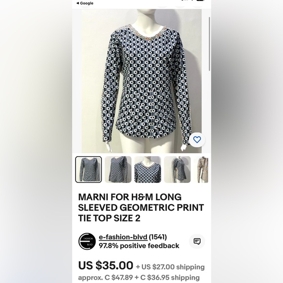 Marni for H&M 100% crisp cotton, geometric, tie, long sleeves blouse. Size 2 - Picture 12 of 17